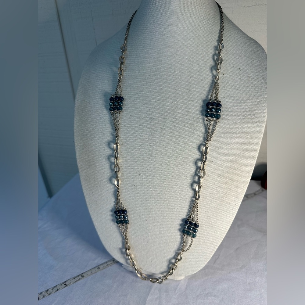Long industrial chic chain and blue bead station necklace